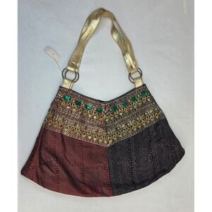 Kavita Bhartia Embellished Shoulder Bag Gold Straps Ethnic Print Green Jewels